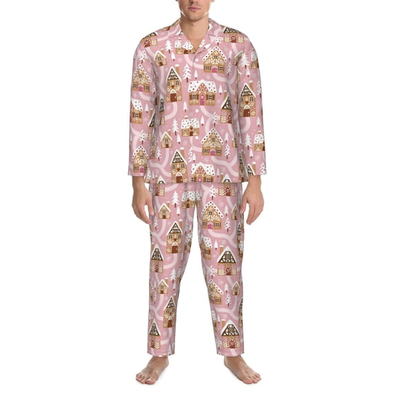 Mens Pajamas Set - Gingerbread Houses Pink Wonderland Comfy Long Sleeve Button Up Pajama Sets for Men 2 Piece, Soft Sleepwear Nightwear Pjs Lounge Sets for Men with Pockets