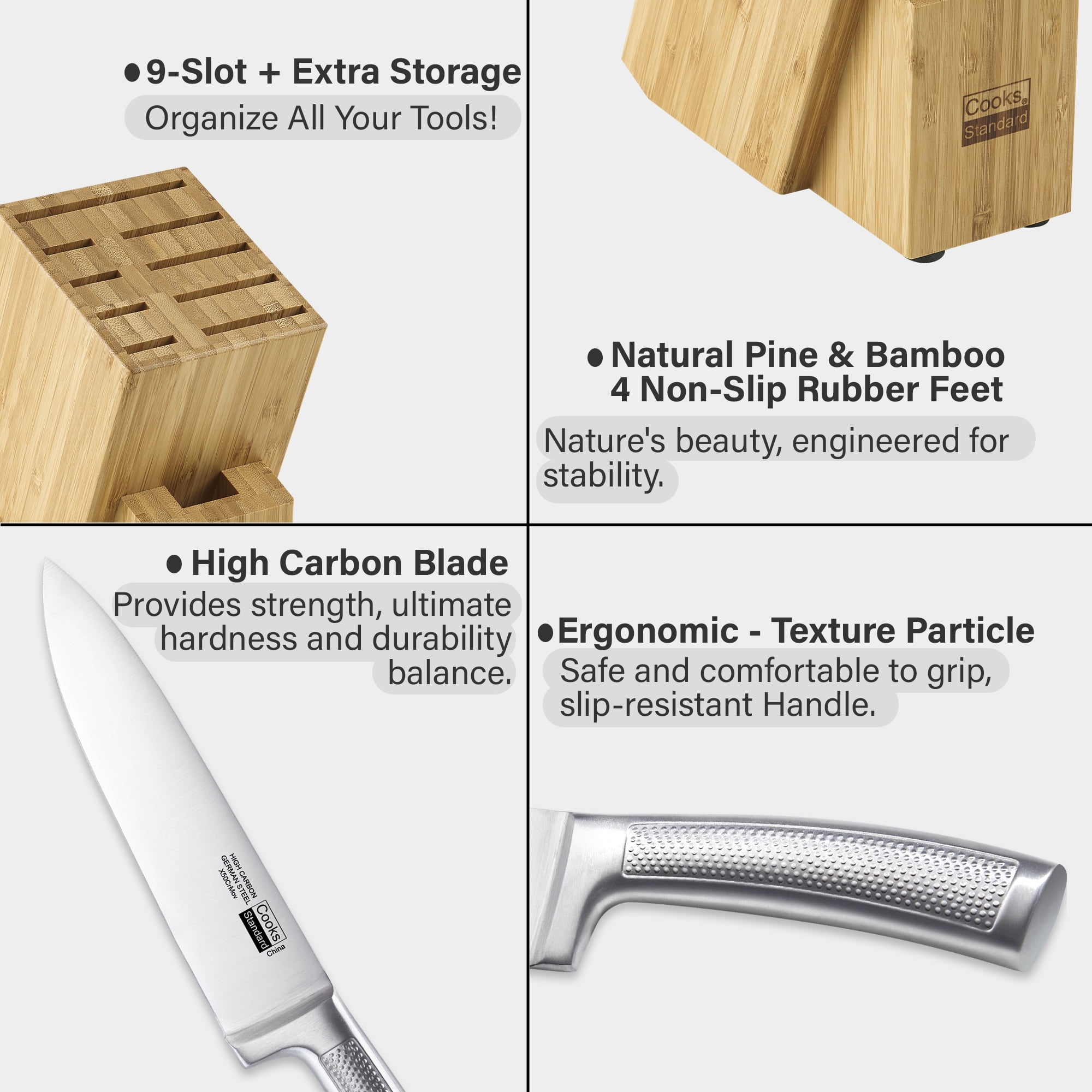 Cooks Standard Classic Bamboo Kitchen Cutlery Block Set with Knifes, Stainless Steel Forge High Carbon German Blade with Expandable Bamboo Storage Block for Extra Slots, 6-Piece