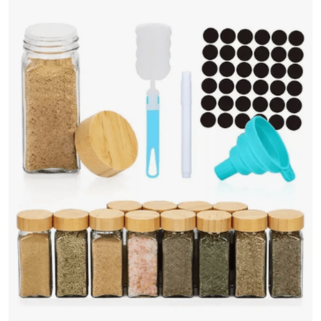 12 especieros Xtellar de vidrio 120mL para Cocina con Tapas Embudo Plegable Cepillo de Limpieza Etiquetas y Marcador Organizador de Especias