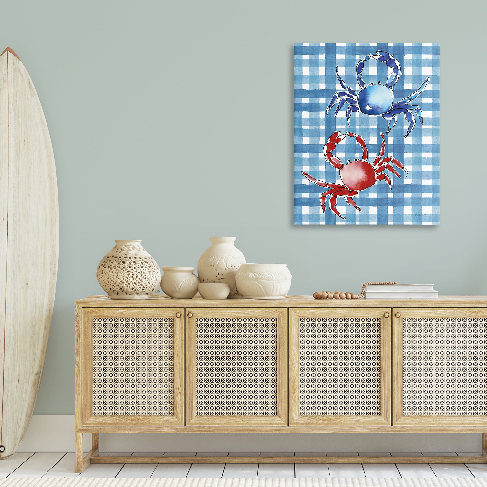 Stupell Industries Coastal Crabs on Plaid Animals Painting Wrapped Canvas Art Print Wall Art, 30 x 40