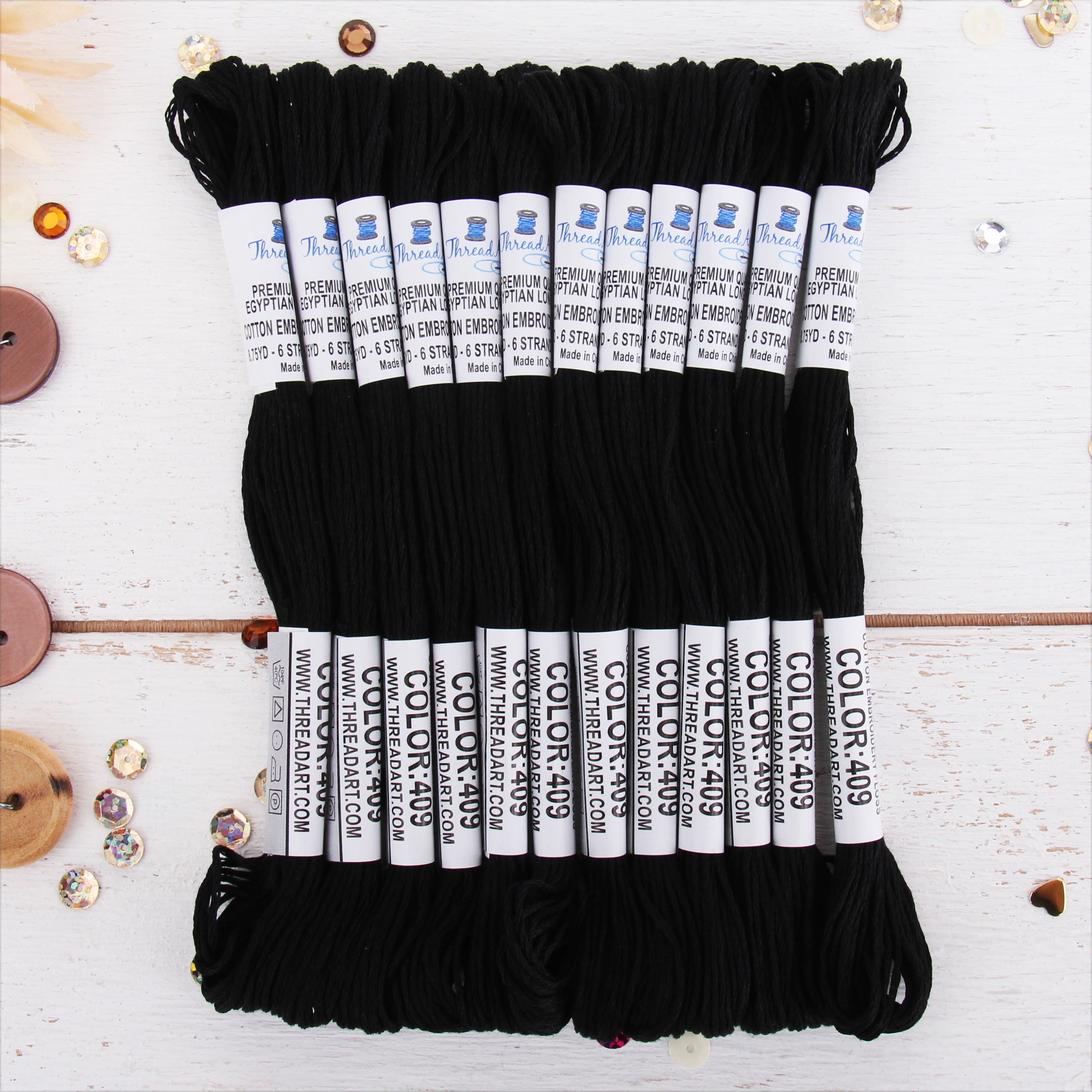 12 Skeins ThreadArt Premium Egyptian Long Fiber Cotton Embroidery Floss |  Black | Six Strand Divisible Thread 8.75yd Skeins For Hand Embroidery