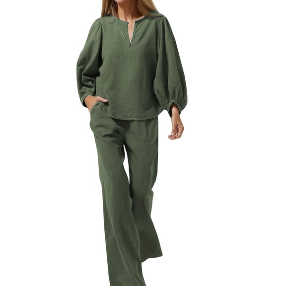 Matching Pajamas for Couples Fall Fashion Must Have Women Pajama Sets V Neck Cozy Women's Sleepwear Long Sleeve Shirts Womens Pjs Sets Blackish Green