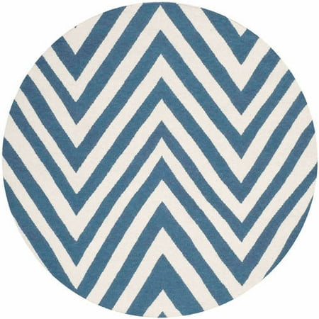 SAFAVIEH Dhurrie Deborah Chevron Zigzag Wool Area Rug  Blue/Ivory  6  x 6  Round Dhurries Rug Collection. Contemporary Flat Weave Rugs. The Dhurrie Collection of contemporary flat weave rugs is made using 100% pure wool and faithful obedience to the traditions of the local artisans of India. The original texture and soft coloration of antique Dhurries  so prized by collectors  is skillfully recreated in these sublime carpets. Flat weave construction and classic geometric motifs  with their natural  organic nuances in pattern and tone  are equally at home in casual  contemporary  and traditional settings.