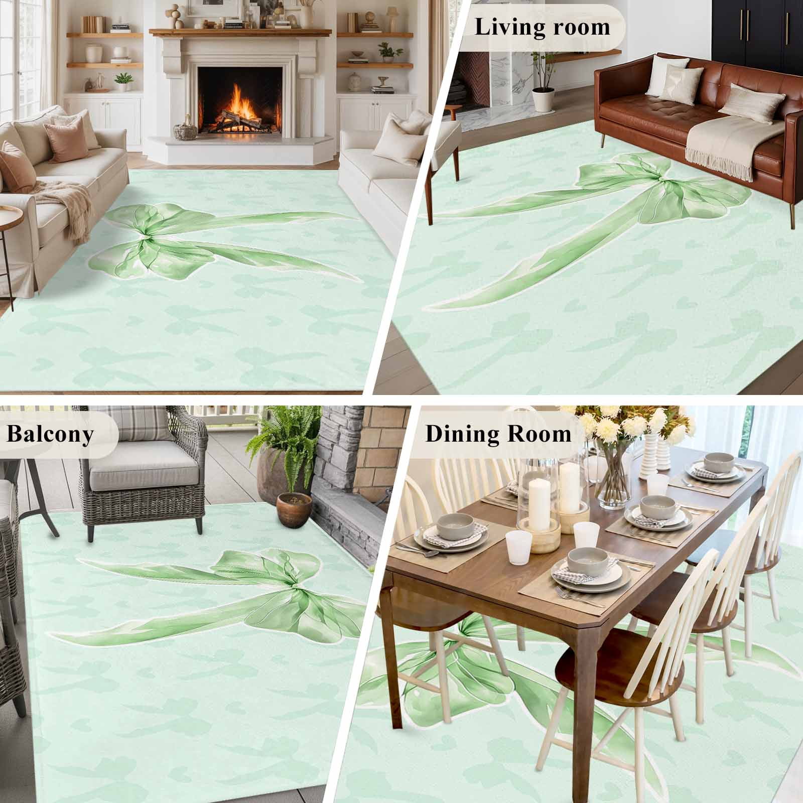 Green Bow Area Rugs 6'x9', Washable Small Throw Rugs for Kitchen Dining room, Cute Bowknot Minimalist Solid Color Indoor Outdoor Rug Non-Slip Low Pile Carpet Runner Reversible Floor Mats