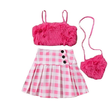 SUCS 3pcs Girls Clothes Summer Suit Plush Sling Plaid Skirt Bag 3piece Suit Pure Cotton Set