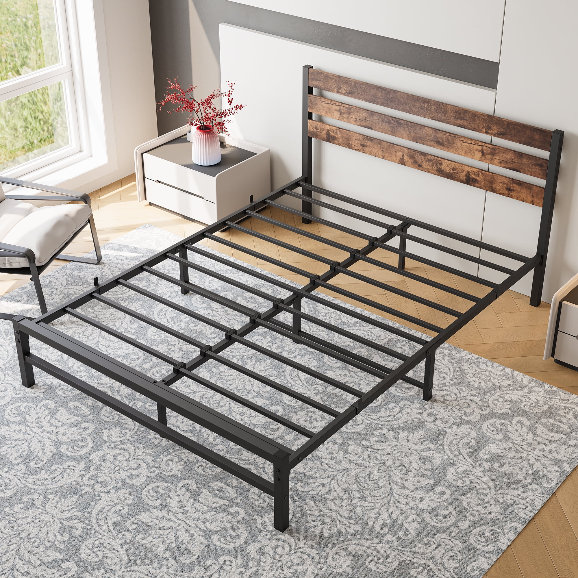 MAYEERTY Queen Platform Bed Frame with Rustic Vintage Wood Headboard, Strong Metal Slats Support Mattress Foundation, Brown