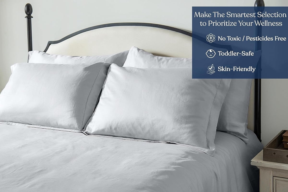 Delara 400TC Organic Cotton Queen Sheet Set, GOTS Certified, Ultra Soft Long Staple, Deep Pocket, Breathable & Silky, Light Grey