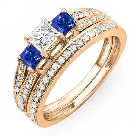 1.00 Carat (ctw) 10K Rose Gold Princess Cut Blue Sapphire Accent Stone & White Diamond Ladies 3 Stone Bridal Engagement
