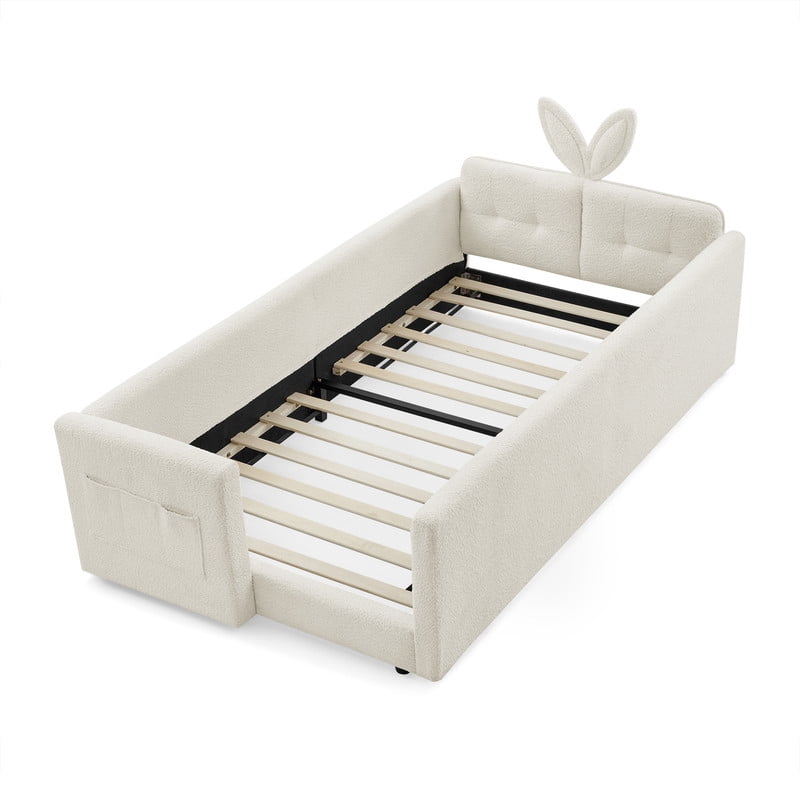 Twin Size Upholstered Platform Bed with Rabbit Ear Headboard, Kids Floor Bed with Storage Pocket & Safety Guardrail, No Box Spring Required