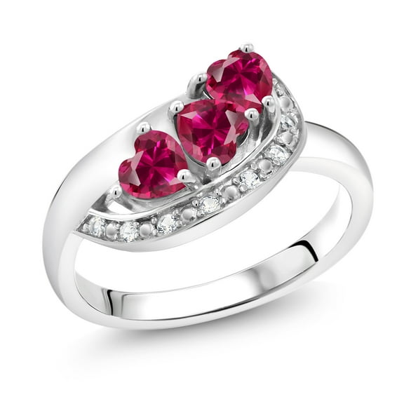 Gem Stone King 925 Sterling Silver Red Created Ruby and White Created Sapphire Engagement Ring for Women (0.96 Cttw, Gemstone July Birthstone, Heart Shape 4MM, Size 7)