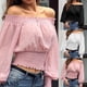 thumbnail image 5 of Sunloudy Blusa de otoño para mujer, Top corto de túnica elástica de manga larga con hombros descubiertos y lunares para damas, negro/blanco/rosa Sunloudy  S/M/L/XL/XXL, 5 of 7