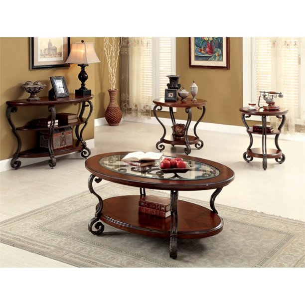 Furniture Of America Azea 3 Piece Coffee Table Set In Brown Cherry Walmart Com Walmart Com