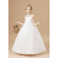 thumbnail image 5 of Floor length Flower Girl Dress Scoop Neck Tulle Applique Princess Pageant Dress Birthday Party Dress for Girls Elegant Floral Design Special Occasion White 4 -5 Years, 5 of 10