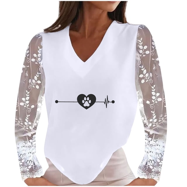 Mujer Casual Día de San Valentín electrocardiograma impreso cuello en V encaje empalme manga larga pulóver blusa camiseta Tops Fridja hkj4161