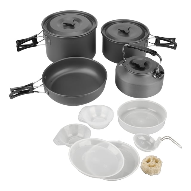 Ensemble de Cuisine de Camping, Ensemble de Cuisine de Camping Portable Résistant aux Hautes Températures avec Verrouillage à Ressort, Poignée Pliable en PP avec Poêle à Frire pour Pique-Nique