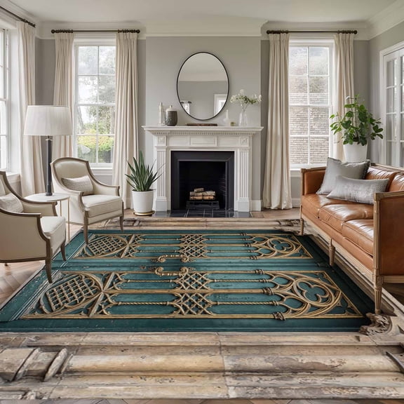 Turquoise Vintage Door Area Rugs 8'x10', Washable Small Throw Rugs for Living Room Patio, Countryside Barn Abstract Art Indoor Outdoor Rug Non-Slip Low Pile Carpet Runner Reversible Floor Mats