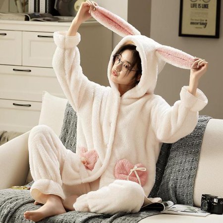 

PIKADINGNIS Winter Flannel Pajamas Sets For Women Cute Cartoon Rabbit Ears Hooded Sleepwear Warm Thick Pyjamas Two Pieces Homewear Nightwear