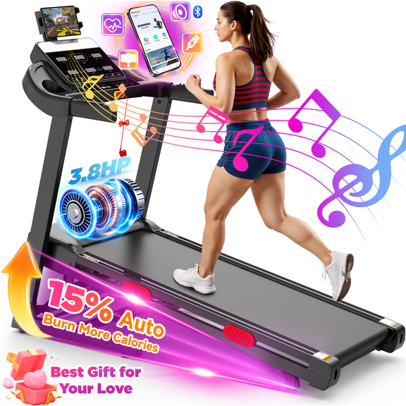 3.8 HP Foldable Treadmill for Home, Treadmill with 15% Auto Incline, Treadmill 300 lb Capacity, Heart rate monitor, Jogging walking treadmill, Walking Pad Treadmill with Handle Bar,Exercise Equipment
