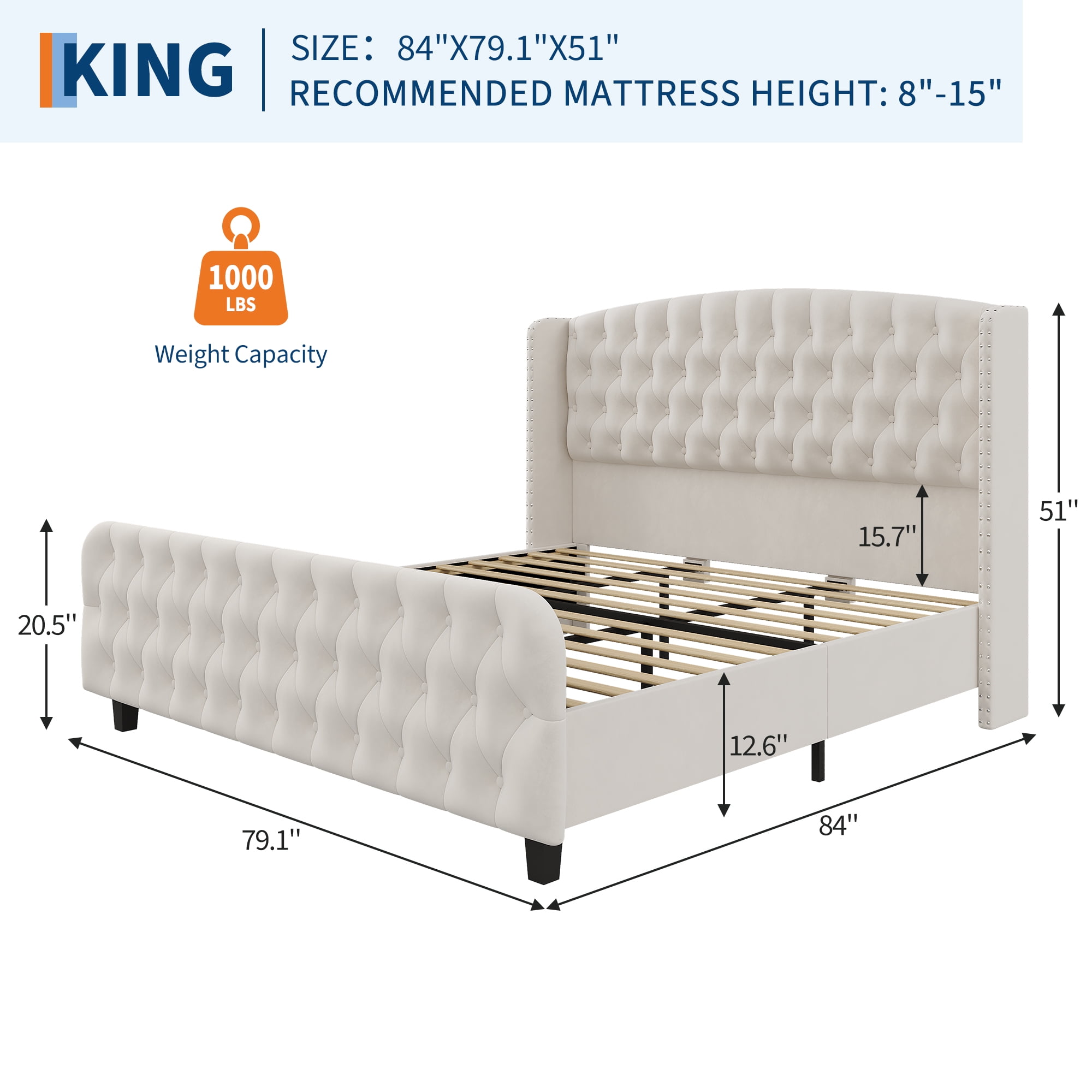 51" King Size Bed Frame with Button Tufted Wingback Headboard and Footboard Velvet Upholstered Platform Bed with Wood Supports No Box Spring Needed, Noise Free Easy Assemble