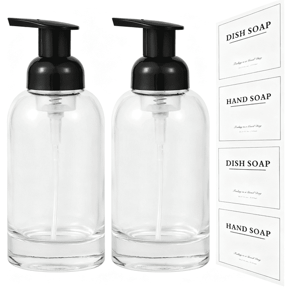 ACDANC Foaming Soap Dispenser Thick Glass Foam for Bathroom Or Kitchen Sink, 12.7 Oz Clear Pump Bottles for Hand Soap, Body Wash, Foam Soap Dispenser Black 2 Pack