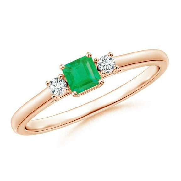 ANGARA Natural Classic Square Emerald and Diamond Three Stone Ring in 14K Rose Gold for Women (Size-3.5mm) | May Birthstone, Birthday, Anniversary, Jewelry Gift for Women | Natural Emerald Ring