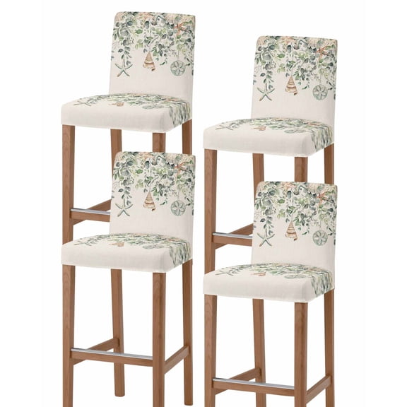 Green Coastal Bar Stool Covers - Stretch Dining Chair Covers Set of 4, Eucalyptus Leaves Summer Beach Starfish Rustic Bar Chair Cover Removable Counter Stool Pub Chairs Slipcovers Protectors
