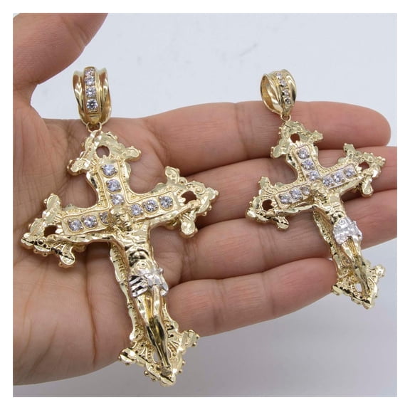 CZ Diamond-Cut Jesus Crucifix Cross Pendant Unisex Adult 10K Yellow White Gold, All Sizes - Goldum NYC