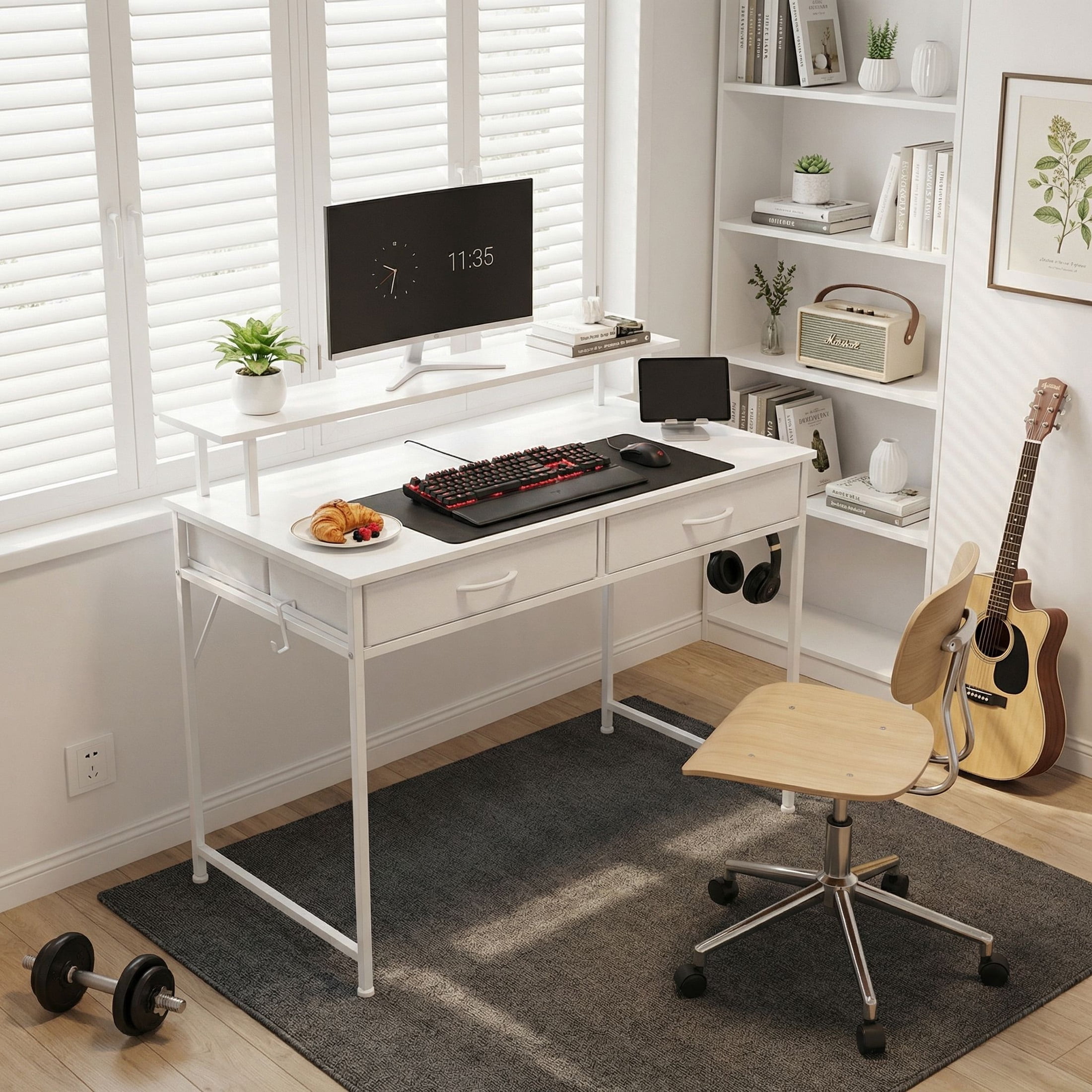 edx 40" Computer Desk with 2 Drawers & Hooks, Compact Home Office Working Table for Small Spaces, White