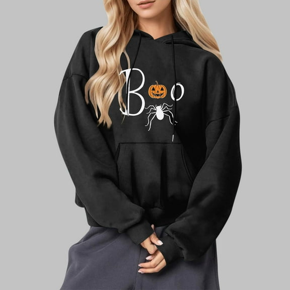 Heisall Womens Hooded Sweatshirt Halloween Print Longline Long Sleeve with Pocket Autumn Winter Casual Fashion Sweatshirts