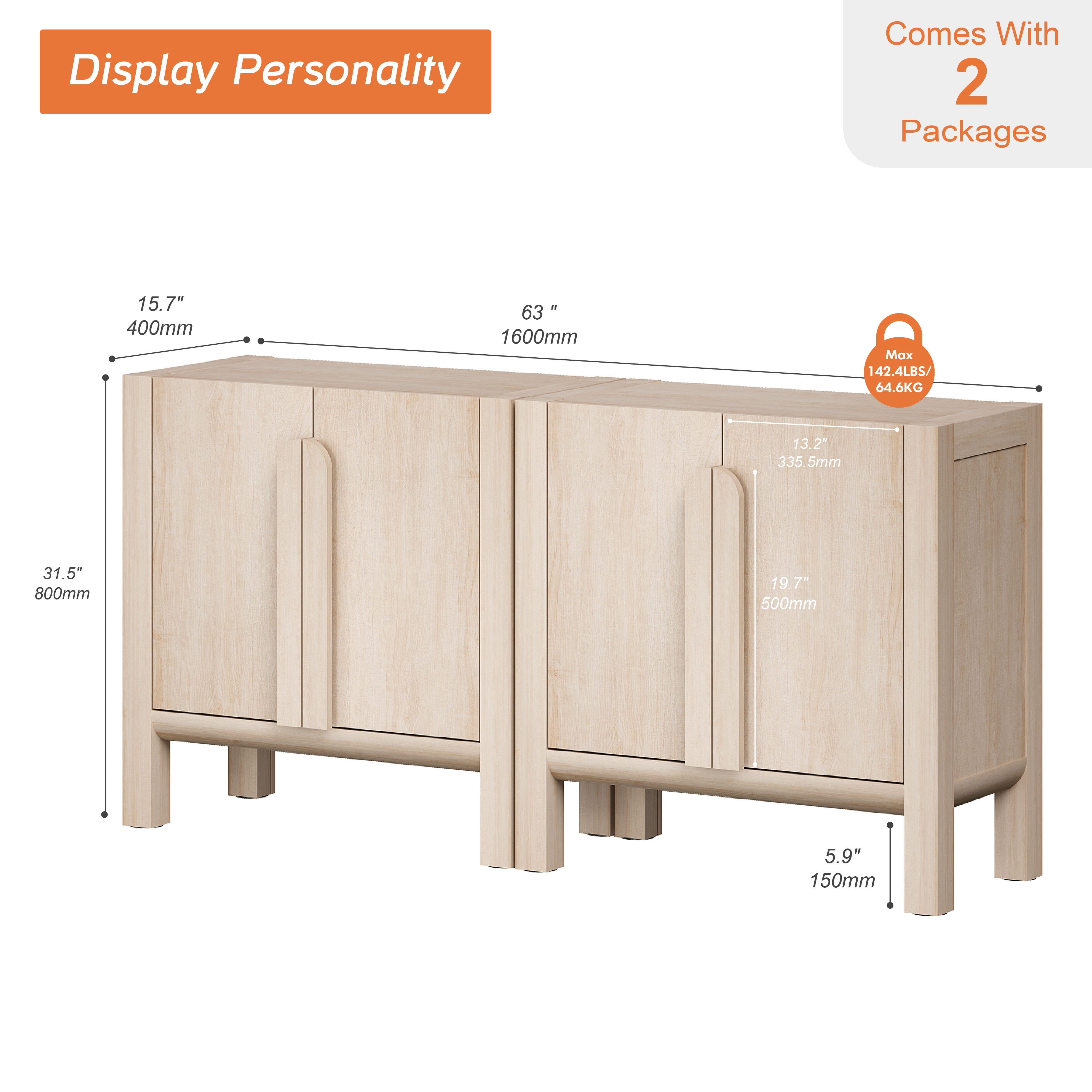 63" Mid-Century Modern TV Stand with Storage, Entertainment Center with 4 Doors and Adjustable Shelves,Wooden TV Console for Living Room