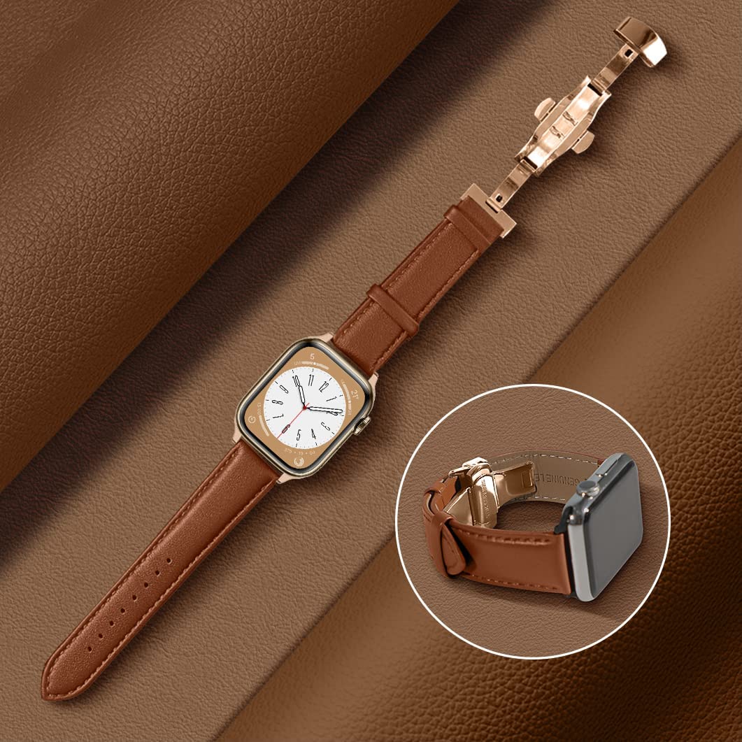 YuiYuKa Compatible with Leather Apple Watch Bands 44mm 38mm 40mm 45mm 42mm 41mm 49mm for Women Men, Genuine Leather Replacement Butterfly Buckle Strap for iWatch Series Ultra 8 7 SE 6 5 4 3 2 1 Nike - image 2 of 6