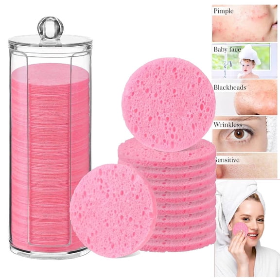 120pcs Compressed Facial Sponges Disposable Natural Face Sponges Round Soft Pads with Container for Washing Face Cleansing Exfoliating Esthetician Makeup Removal Travel(Pink)