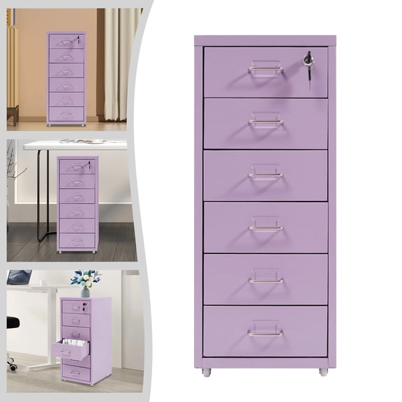 6-Drawer Metal File Cabinet with Lock, Rolling Mobile Filing Cabinet on Wheels, Lockable Storage Organizer for Home Office School