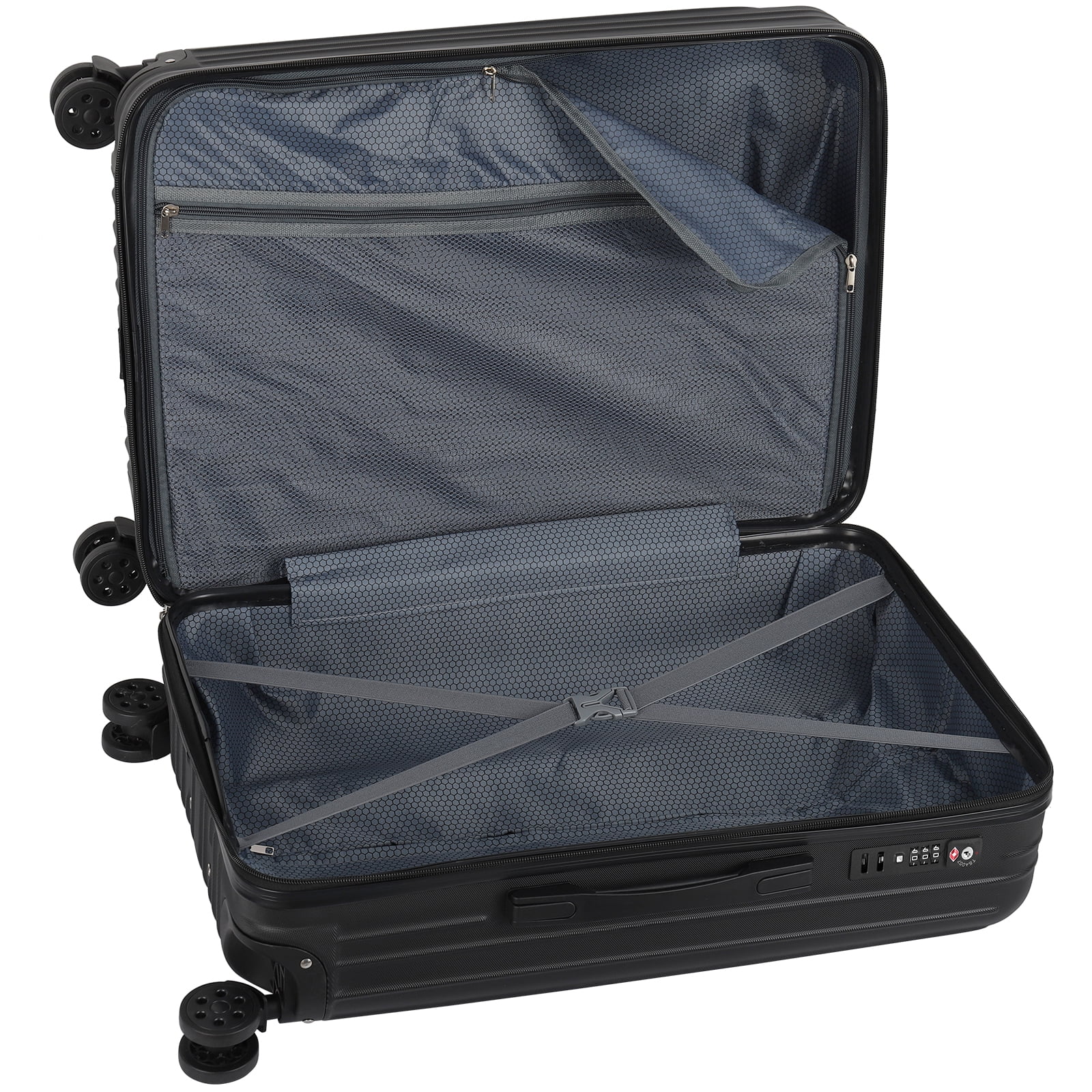 Line Embossed Hard Leather Luggage Set, Three-Piece Suitcase Set, Customs Lock, Black