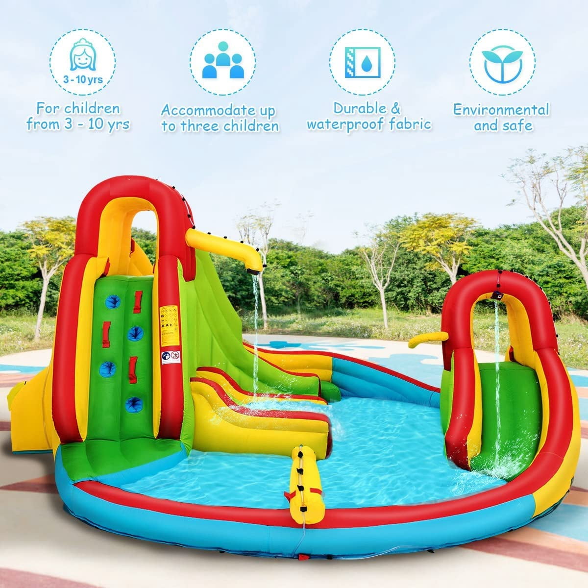 OLAKIDS Inflatable Water Slide, 7 in 1 Bounce House with 2 Slides, Climbing Wall, Splash Pool, Basketball Rim, 2 Water Blasters, Jumping Castle with Carrying Bag, Repairing Kit, Hose