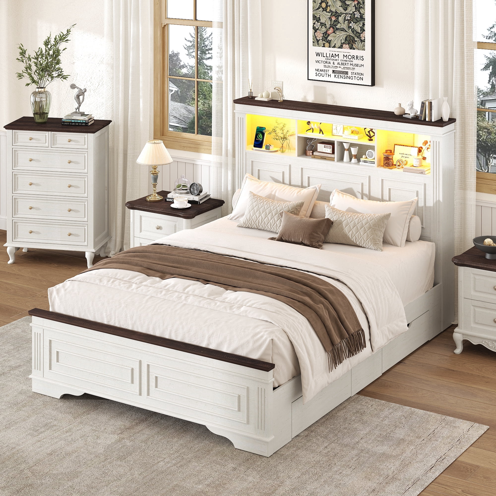 ANPOO Farmhouse Queen Size Bed Frame with 51" Tall Headboard & 4 Drawers, Queen Bed Frame and Headboard with LED Lights & Charging Ports, No Box Spring Needed, Wooden, Antique White