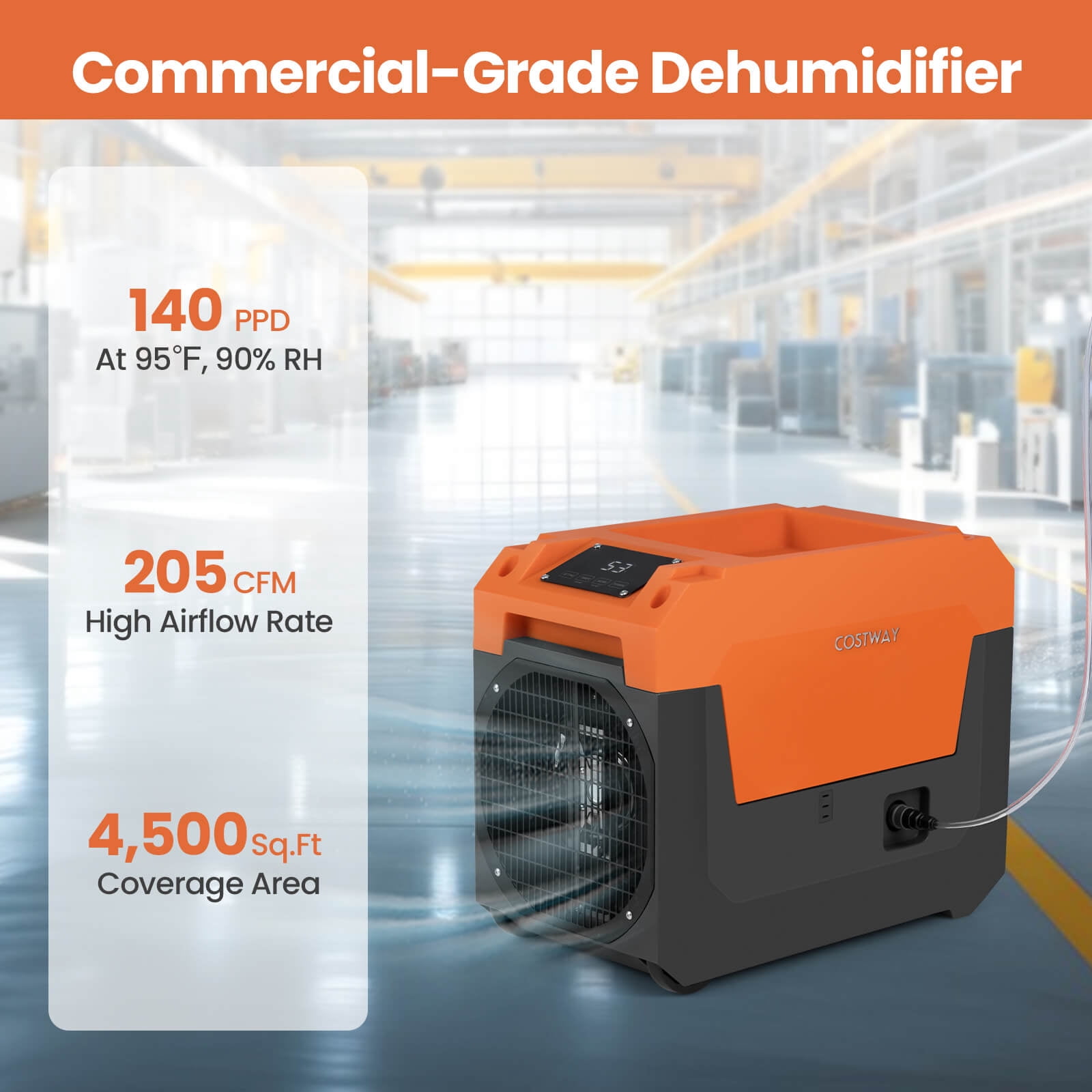 Costway 50-Pint(DOE) Commercial Dehumidifier with Pump, Drain Hose for Basements, Job Sites 4500 Sq. ft Coverage Area Orange