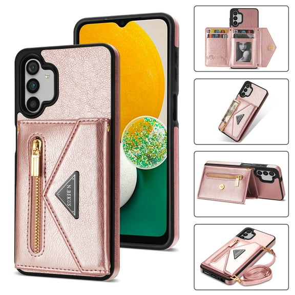 ELEHOLD Luxury Leather Wallet Case
for Samsung Galaxy A13 4G/5G,with Card Slots Zipper Pocket Kickstand Function Adjustable Crossbody Shoulder Strap Shockproof Purse Phone Case, Pink