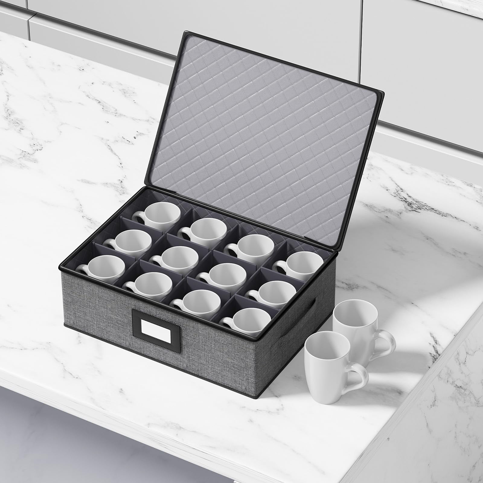Aokeyee 2 Pack Cup and Mug Storage Box Hard Shell Holds 24 Coffee Mugs Glasses Stackable Organizers with Lid Handles Zippers Label for Moving Gray