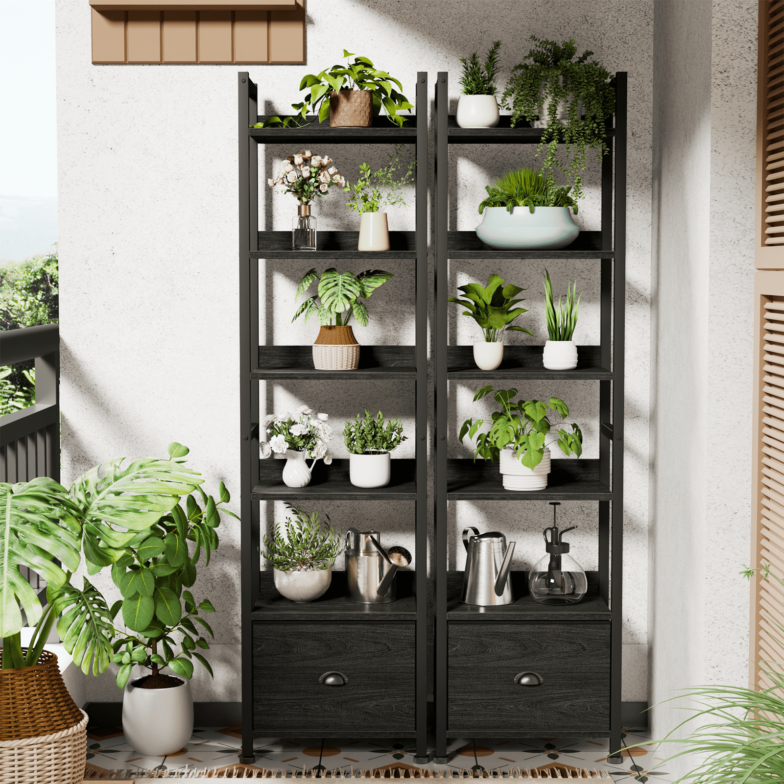 Satifur 6 Tier Industrial Bookcase with Single Removable Drawer, Adjustable Foot Pads, Black Oak Standing Storage Shelf for Living Room & Entryway