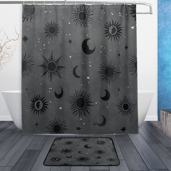 TTYFWHD 60" x 72" Shower Curtain and Bath Mat Set Grey Astrology Celestial Art Waterproof Bathroom Curtain with 12 Hooks, Bathroom Decor Set