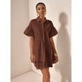 thumbnail image 6 of Brown Solid Front Button Ruffle Hem Short Sleeve Shirt Dress For Women, 6 of 7