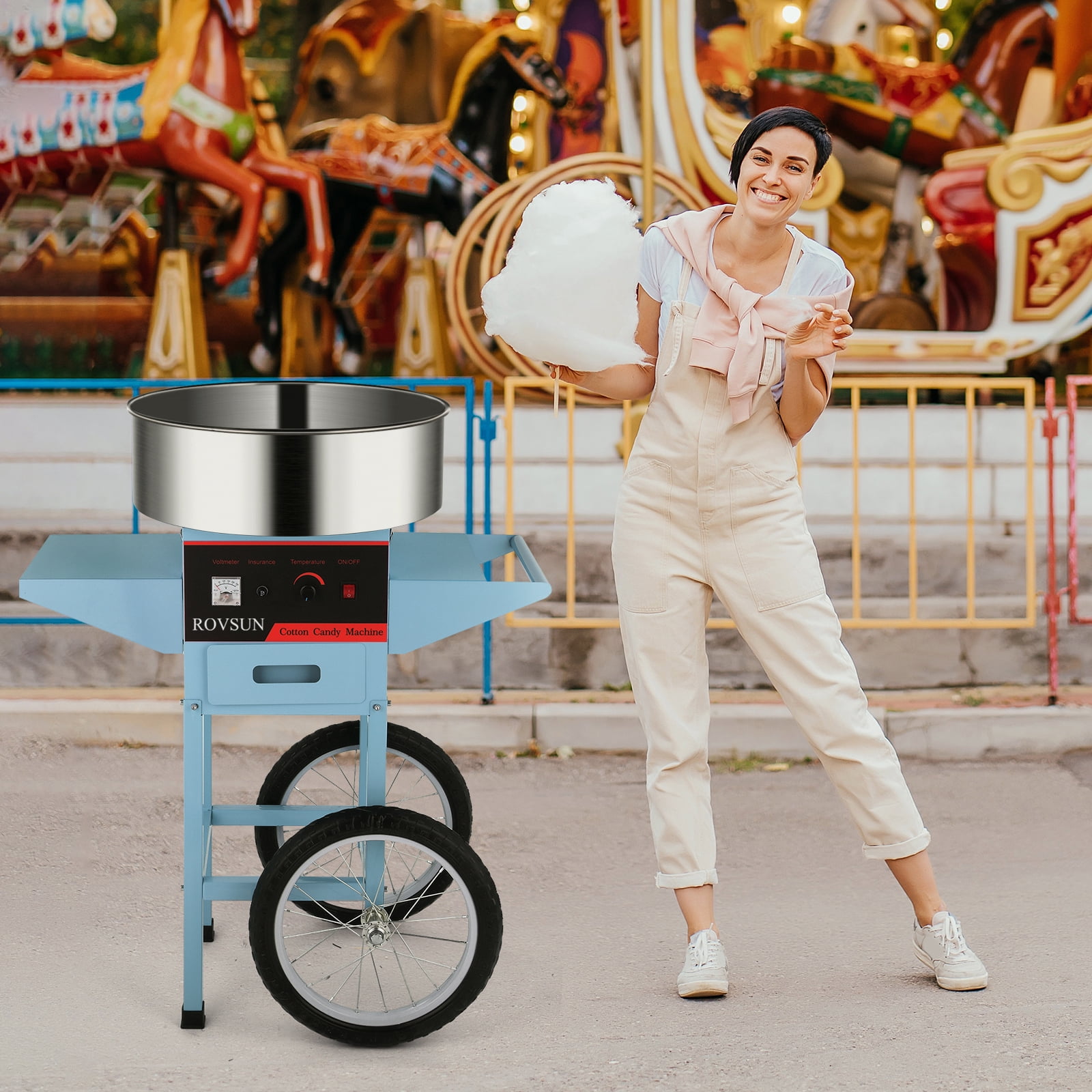 ROVSUN Cotton Candy Machine with Cart Stainless Steel, 21 Inch Electric Cotton Candy Maker Candy Floss Maker w/Sugar Scoop and Large Storage Drawer for Commercial Home Party Carnival, Blue
