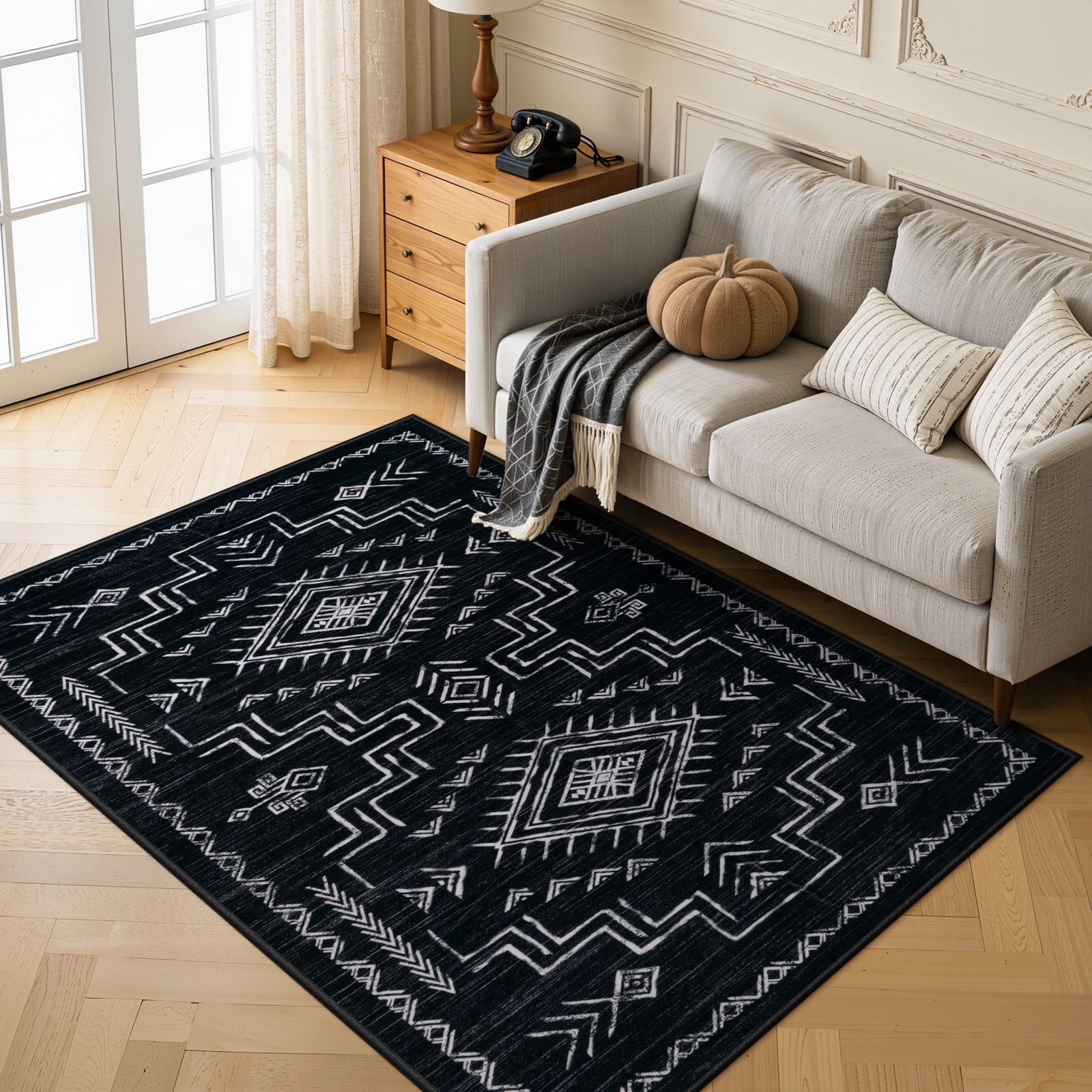 Lahome Moroccan Washable 5'x7' Area Rug, Black Rugs for Living Room, Soft Non-Slip Stain Resistant Aztec Tribal Carpet for Bedroom Dining Room Office, Neutral Large Area Rugs, Black