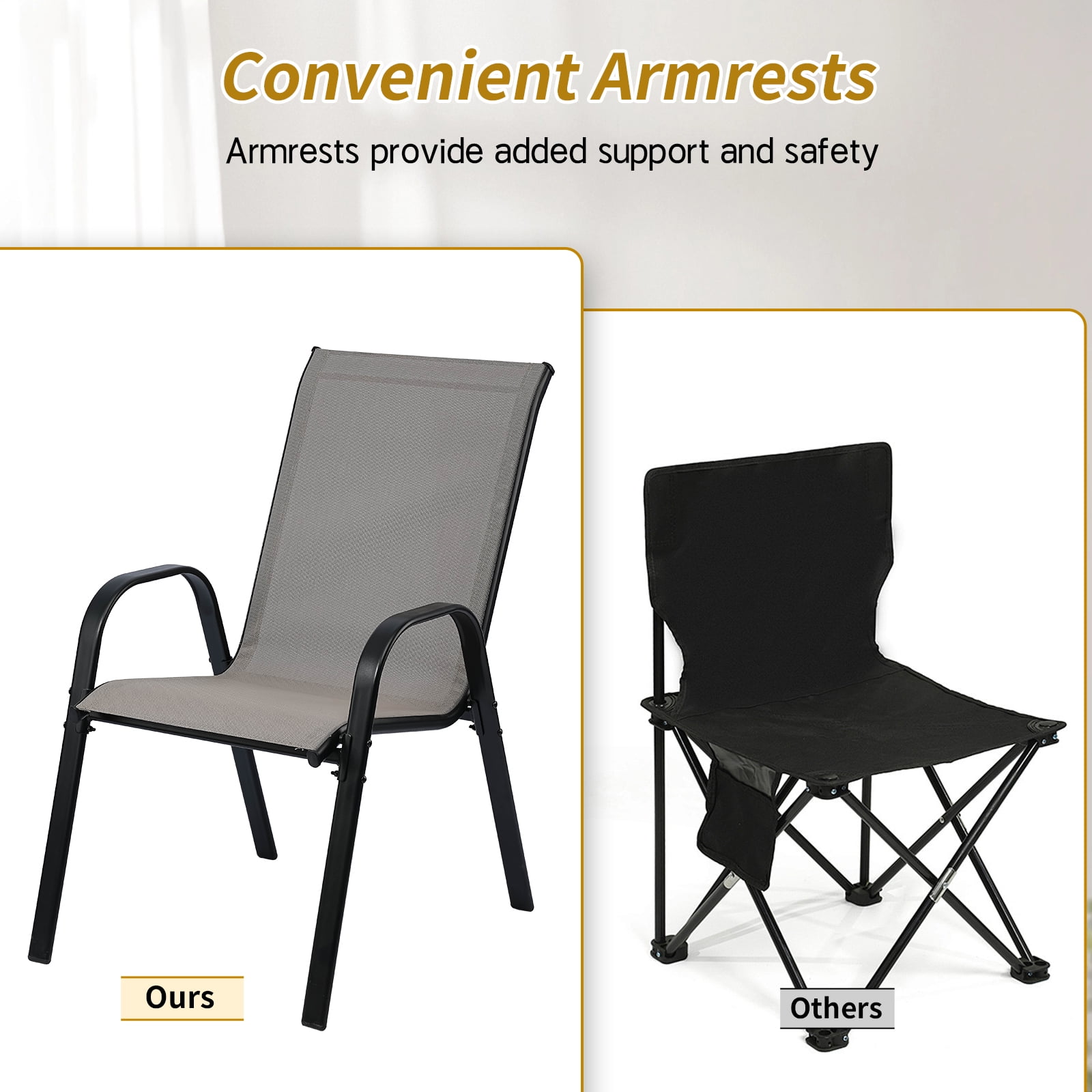 Stackable Outdoor Patio Dining Chairs with Backrest/Armrests for Lawn Garden Balcony Deck Camping-Set of 4 (gray)
