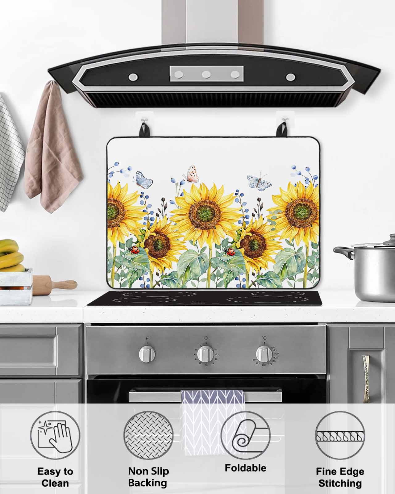 nqOlkjepod Large Induction Cooktop Protector Mat 24"x21", Sunflower Stove Top Covers for Electric Stove, Yellow Floral Summer Botanical Decorative Stove Burner Cover Mats, Glass Top Stove Cover