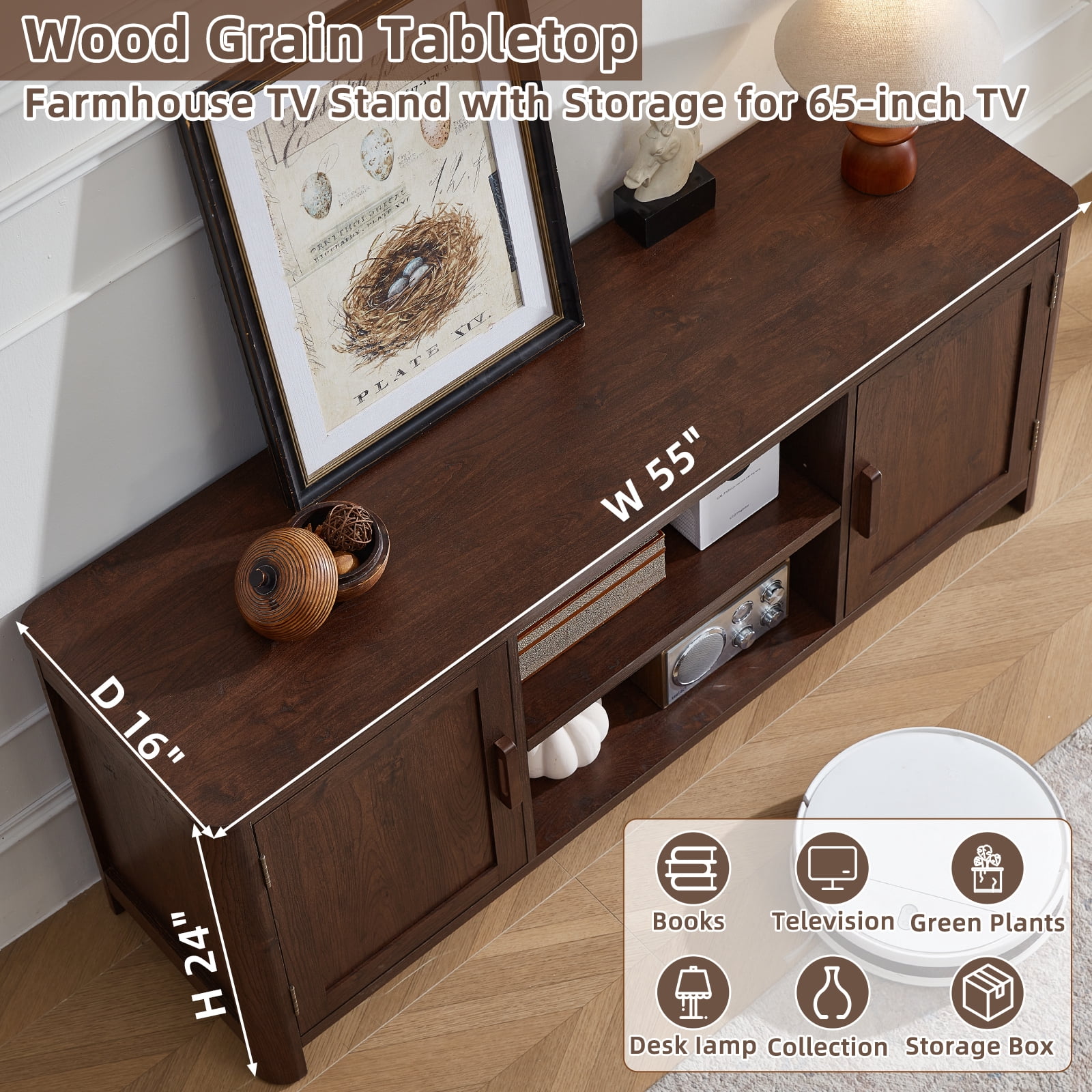 Joaxswe Modern Farmhouse with 2 Doors TV Stand, up to 65 inches, Rustic TV Stands for Bedroom, Walnut Wood Grain Finish