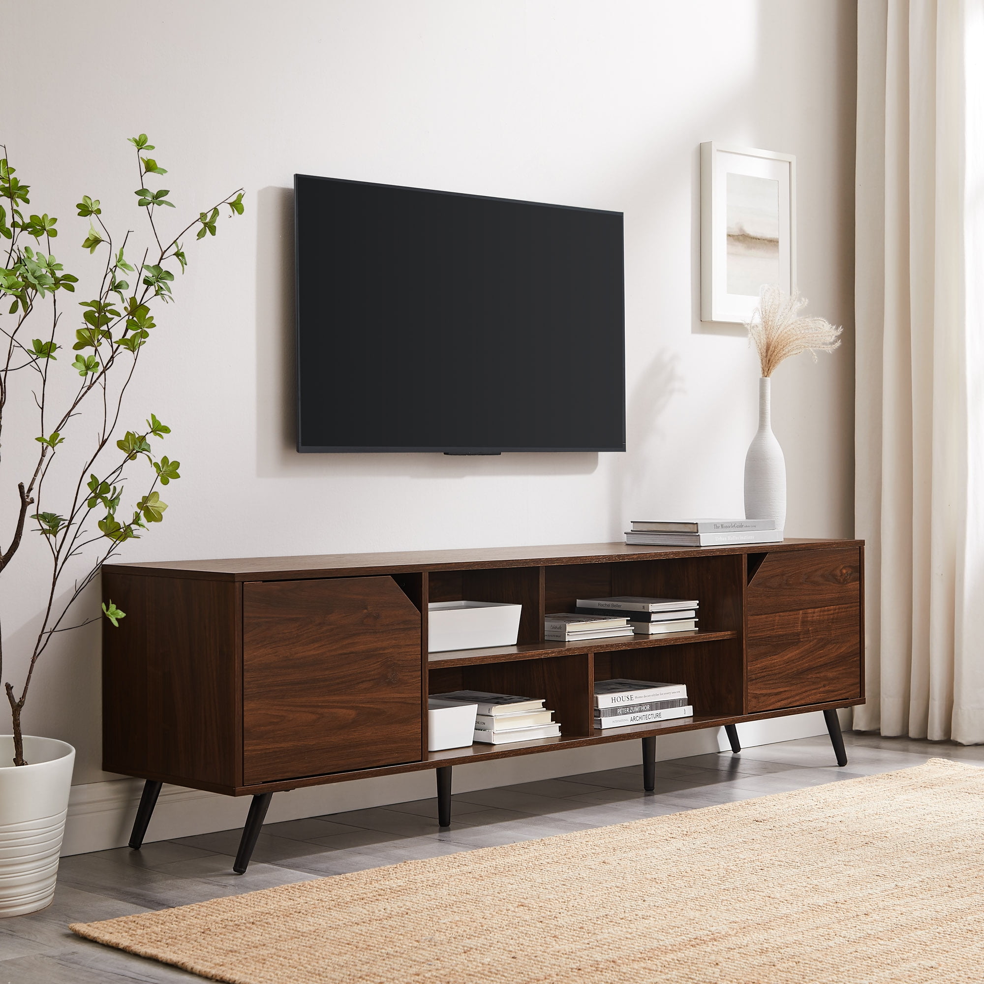 Walker Edison Mid-Century Modern Angle-Door TV Stand for TVs up to 80”, Dark Walnut