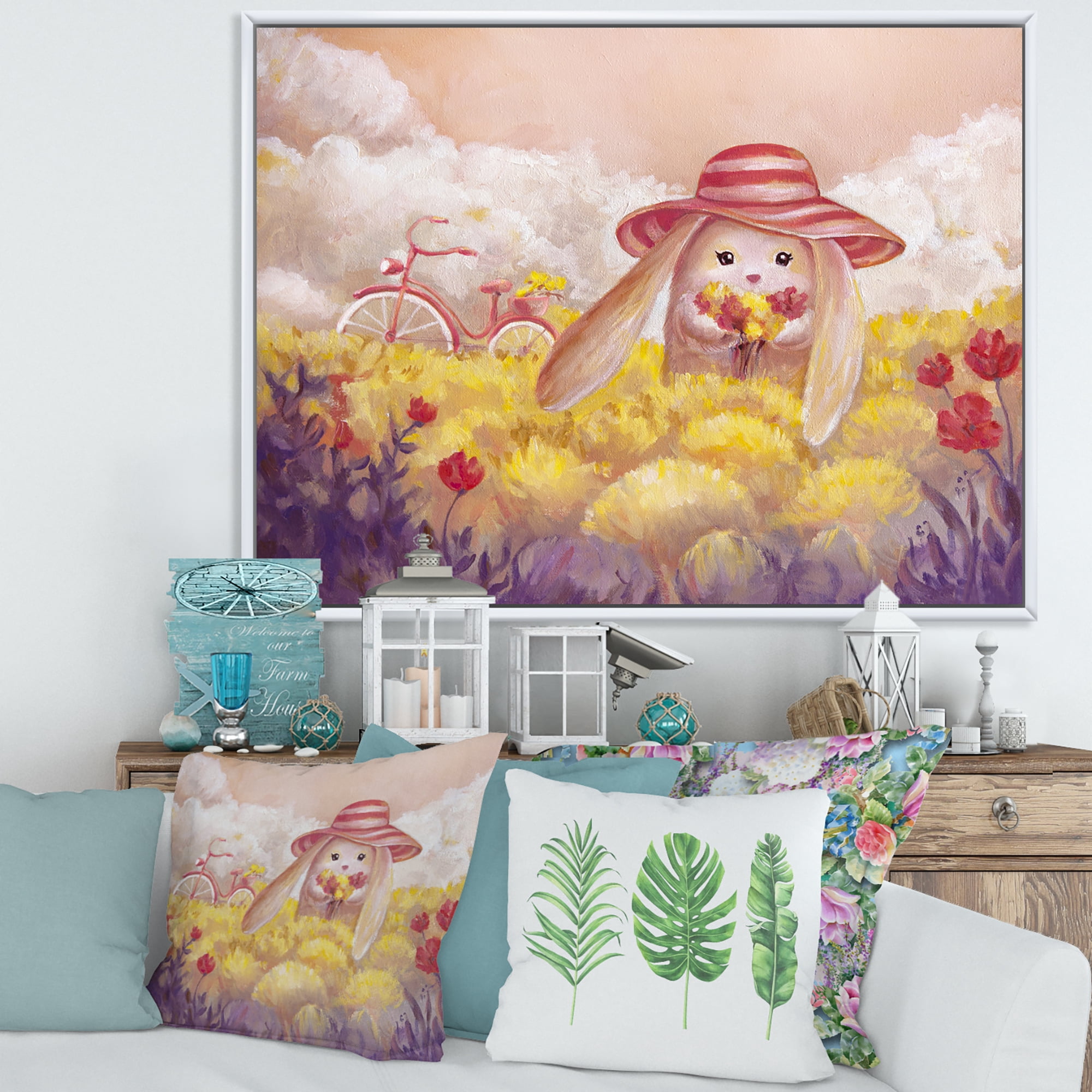 Little Bunny With Yellow Flowers 32 in x 24 in Framed Painting Canvas Art Print, by Designart