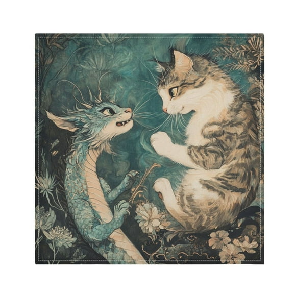 WOBOGO Cat and Dragon Drawing Cloth Napkins 1 Piece Soft Elegant Touch Durable Absorbent Quick Drying for Elegant Dining